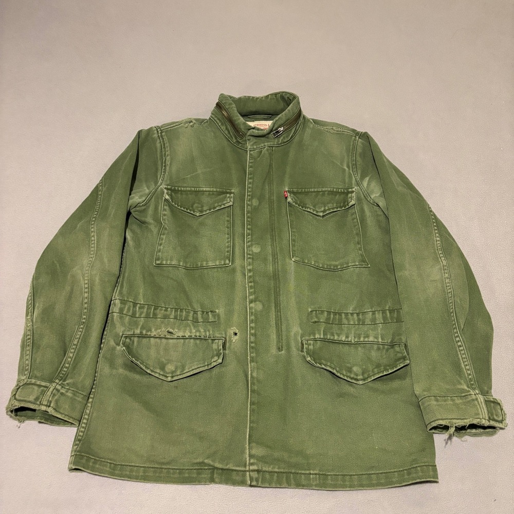 Levis Mens Military Field Jacket Medium Olive Green Distressed M65 Style Vinatge